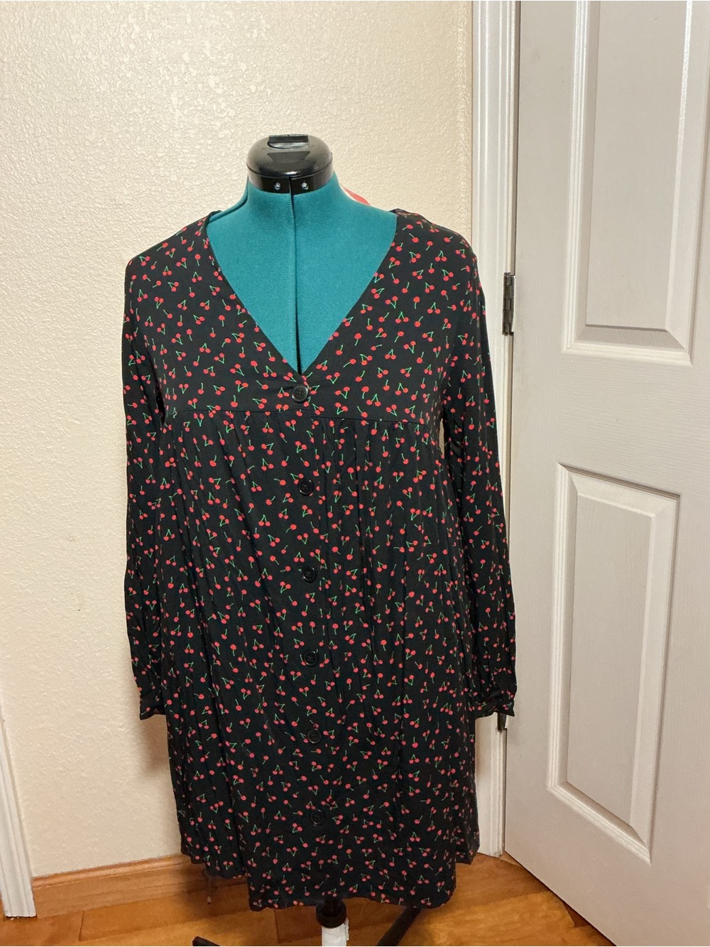 POPSUGAR Black Dress with Red Cherry Print Long Sleeve